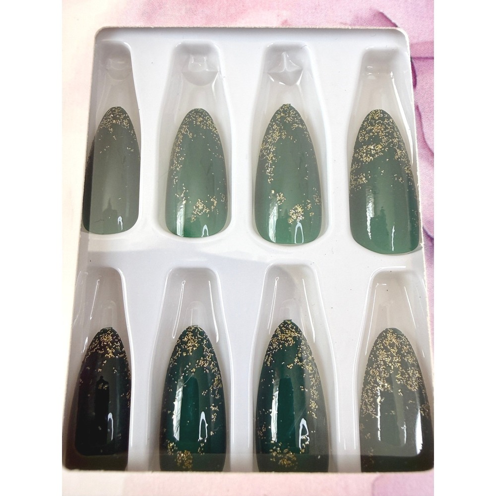 Emerald Green Almond False Nails Gold Glitter Press On Tips Set